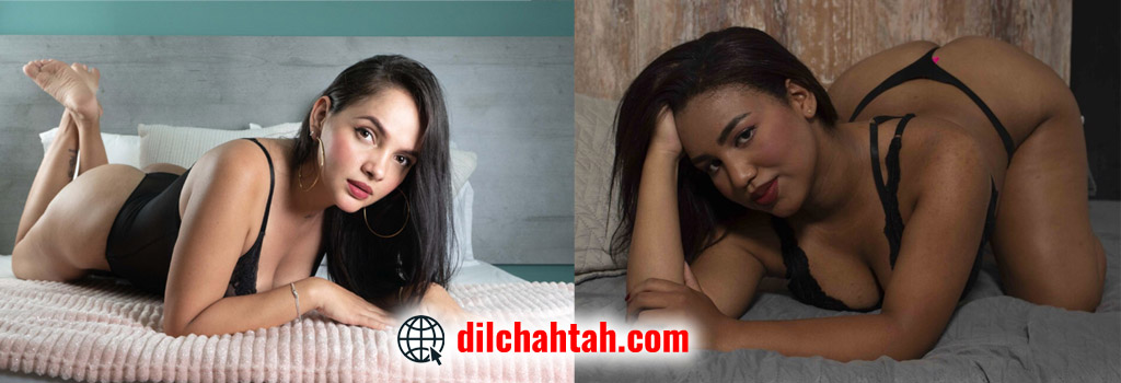 Two attractive women posing in black lingerie on a bed, side-by-side collage for adult-themed content